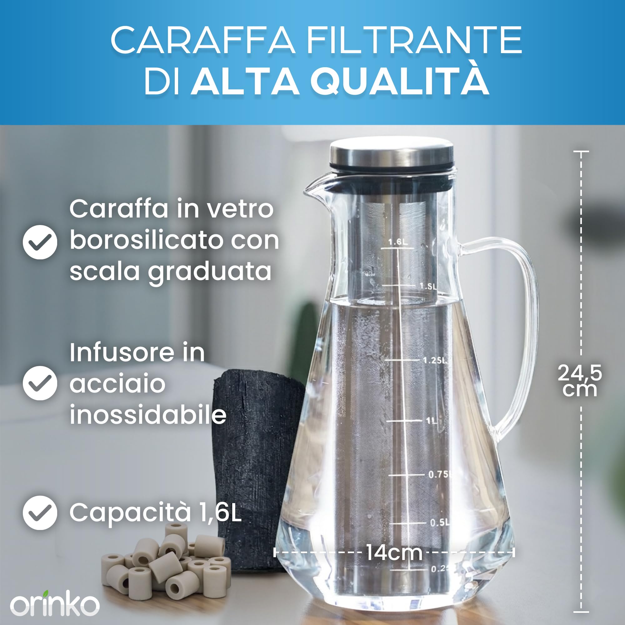 ORINKO® Caraffa Filtrante 1,6L in Vetro con Carbone Attivo x1 e Perle Ceramica EM x15 - Kit Filtro Acqua con Filtro Inox - Acqua Pura, Gusto Neutro e Cucina Sostenibile Zero Plastica