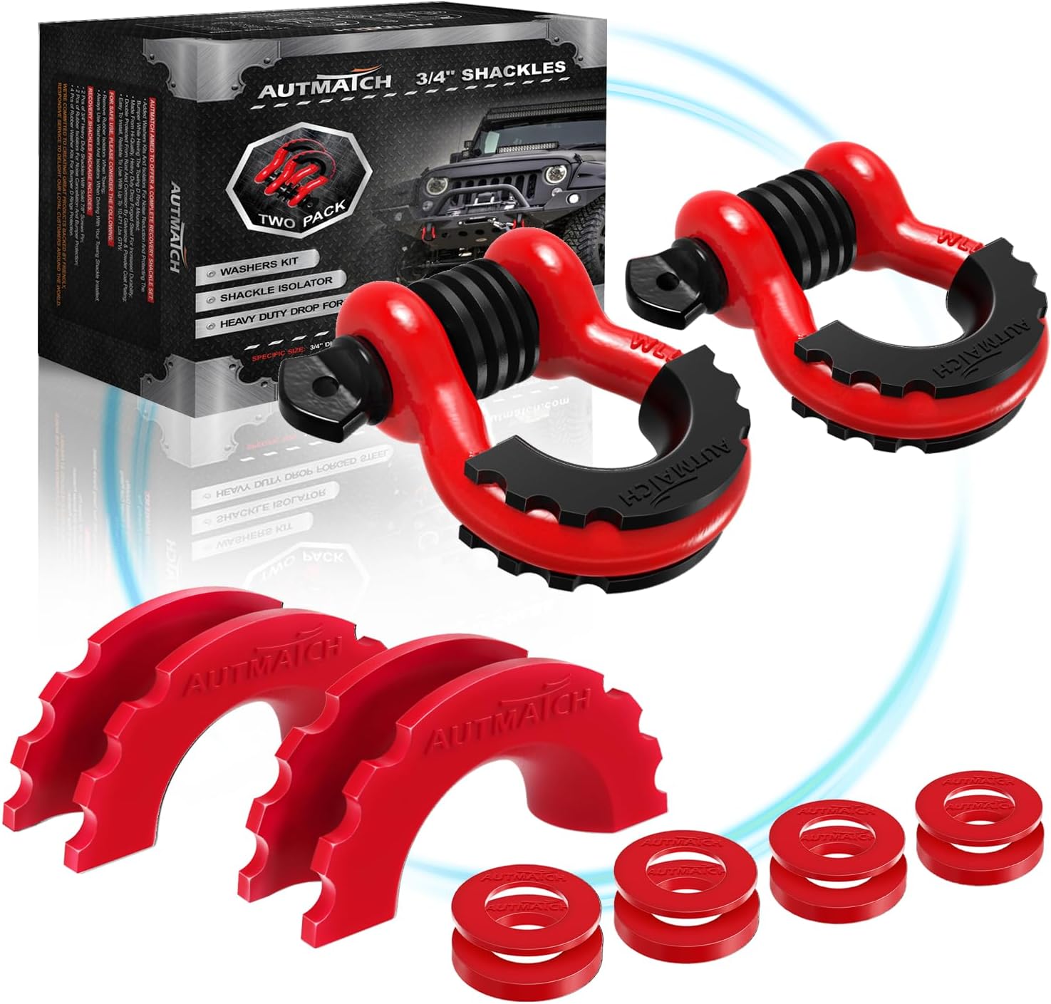 AUTMATCH 3/4" D-Ring Shackles (2 Pack) 41,887Ibs Break Strength with 7/8" Screw Pin and Shackle Isolator Washers Kit for Tow Strap Truck Off Road Vehicle Recovery, Red & Black