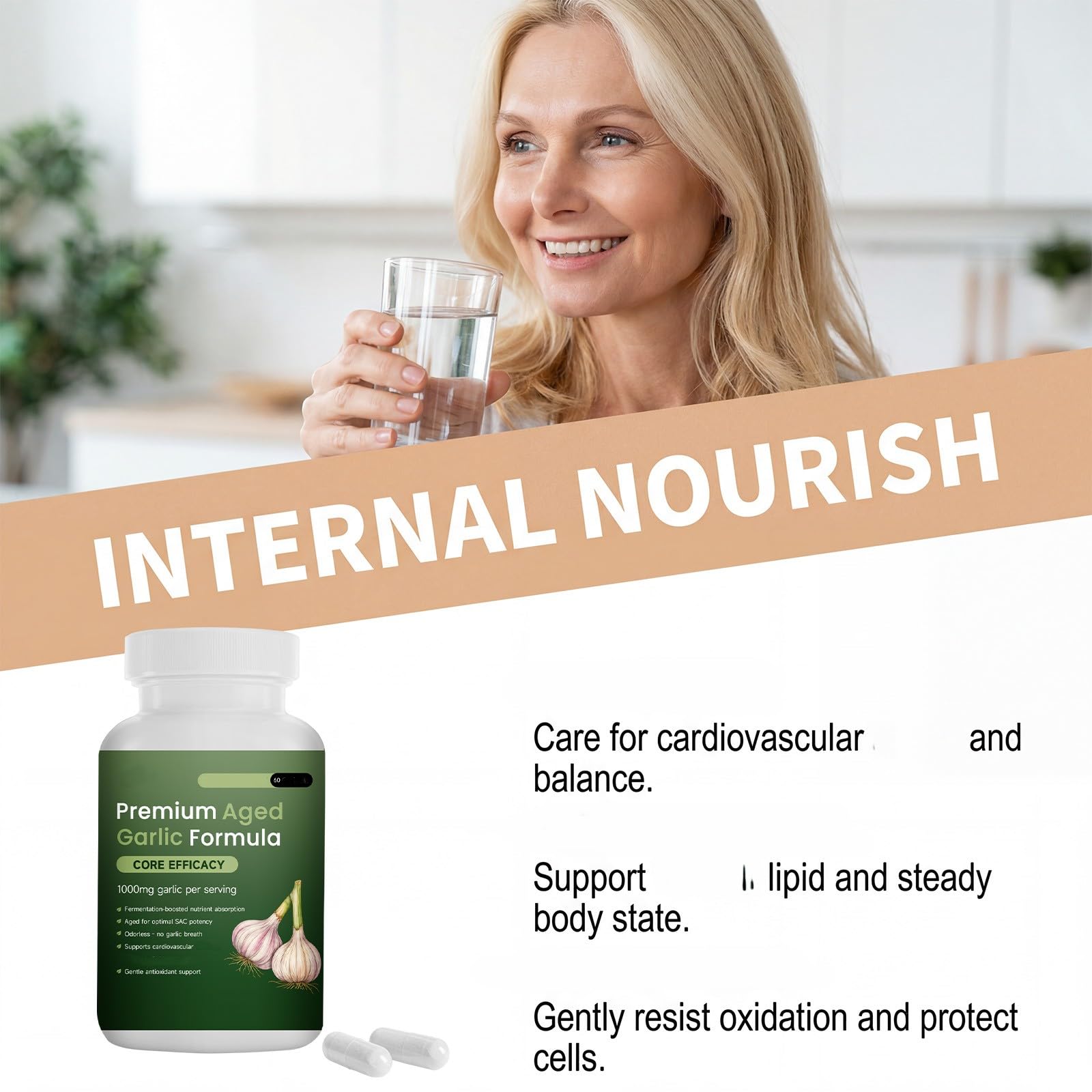 Formuła Premium AgedGarlic (60 szt.) | Czosnek czarny premium dojrzały - Bezzapachowy czosnek 1000 mg na porcję - Serce i krążenie, Bez GMO, Bez glutenu