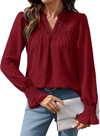 Yusongirl Womens Swiss Dot Blouse V-Neck Lace Trim Long Sleeve Flowy Top