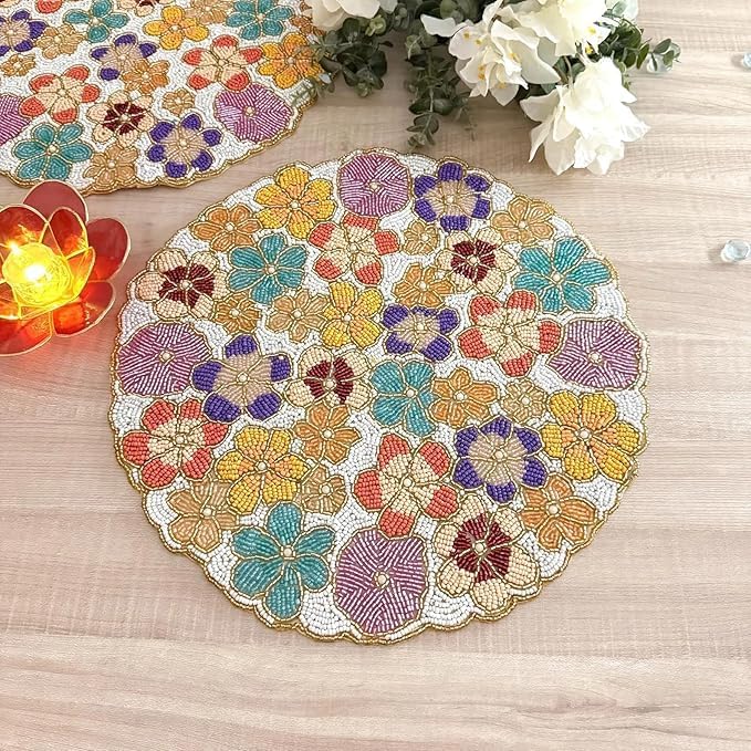 Handmade Spring Beaded placemat, Floral Multicolour Set of 6