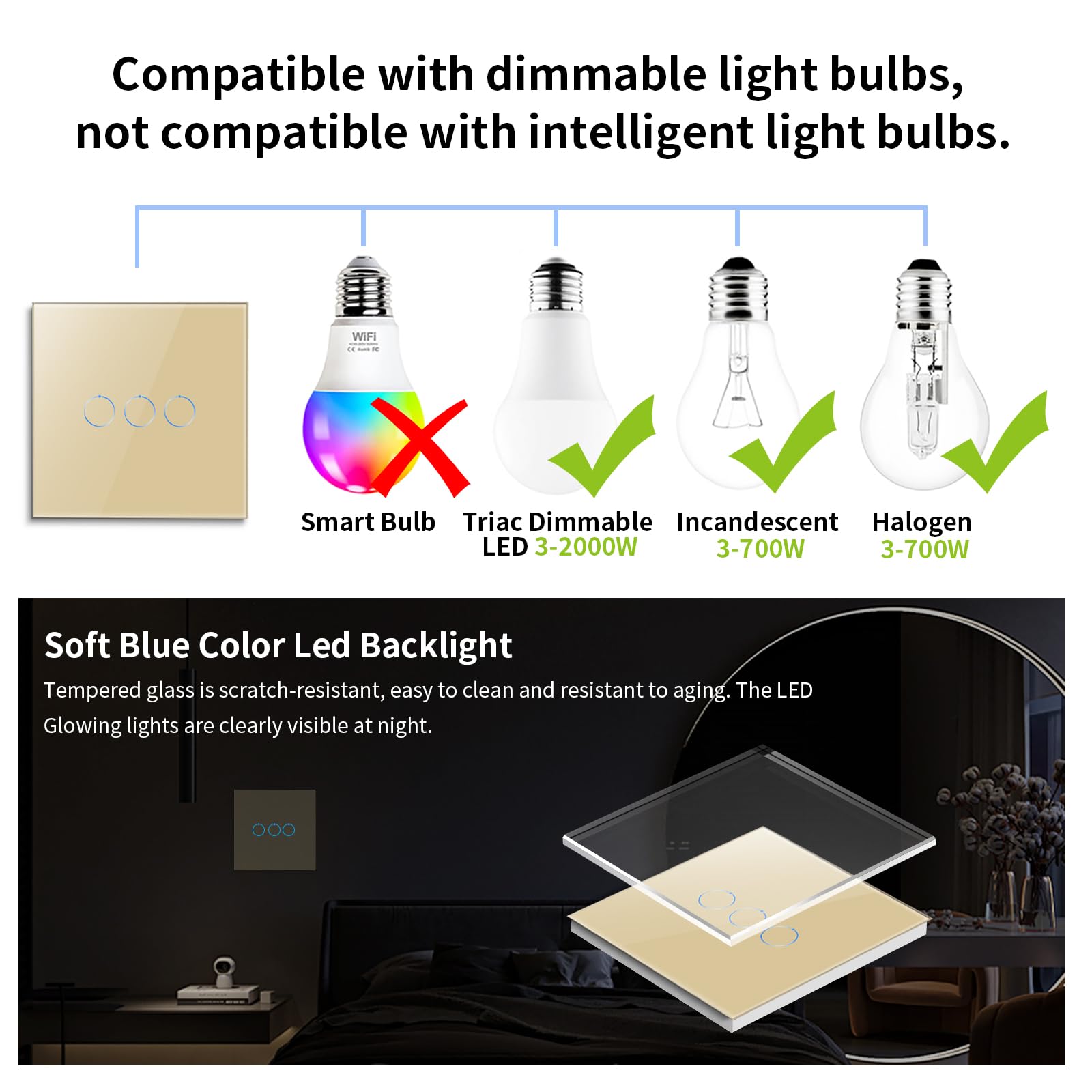 CNBINGO Smart Dimmer Switch for Dimmable LED Light, Voice Control by Alexa, Remote Control by Smart Life App, WiFi Touch Light Switch with Glass Wall Plate, Backlight, Neutral Wire Required - Image 3
