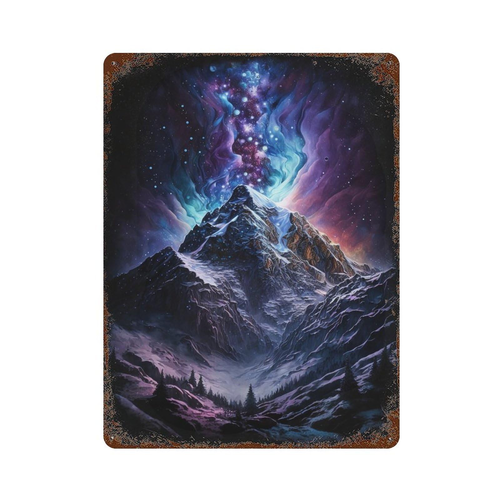 Rust Effect Galactic Mountain Landscape Aged Metal Wall Plaque 15.7"x11.8", Shabby Chic Decor for Living Room, Hallway And Home Decor