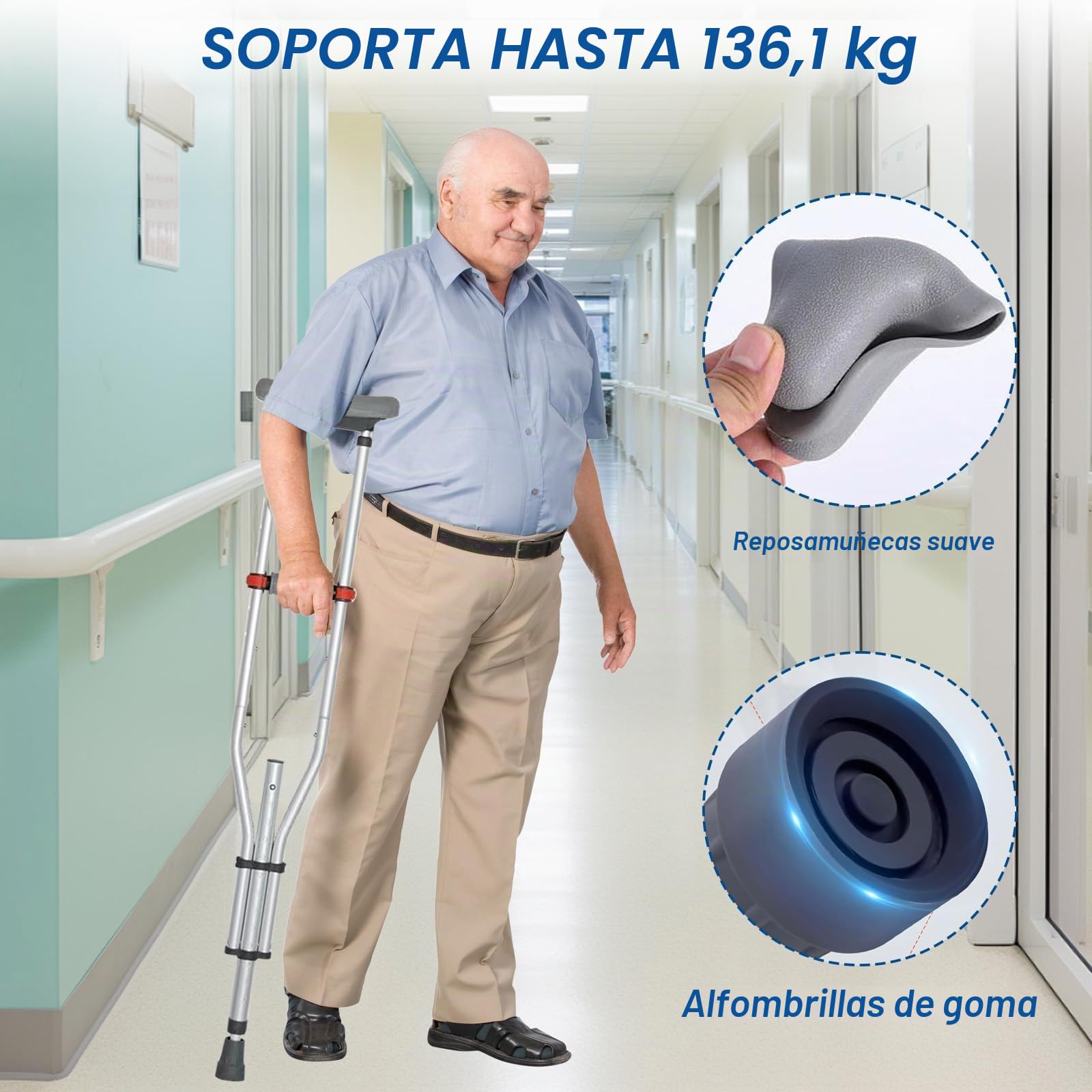 Muletas para axilas, 1 par de apoyos para antebrazos de aluminio con suaves almohadillas de agarre, altura ajustable, soporte para axilas, soporta hasta 150 kg, muletas plegables para discapacitados
