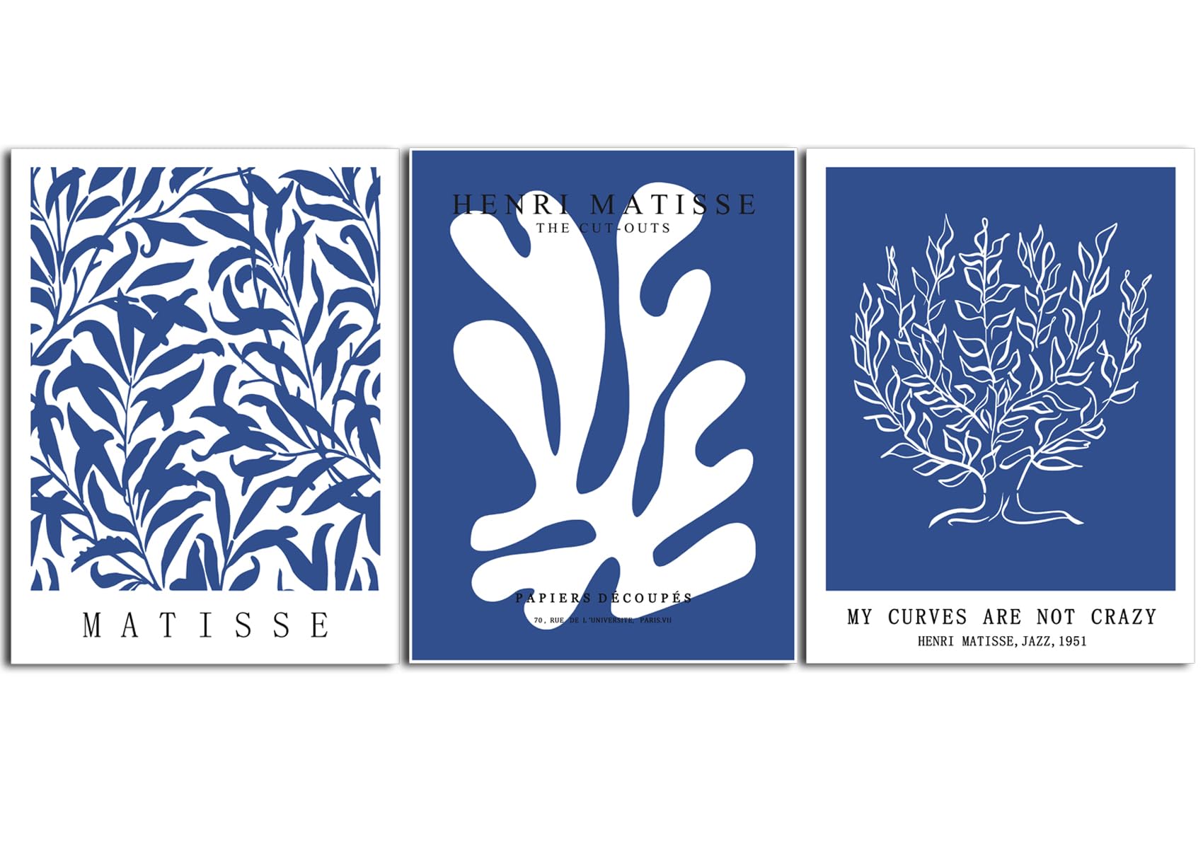 Henri Matisse Canvas Wall Art Poster Set of 3, Abstract Blue and White Line Wall Decor Paintings, Modern Minimalist Prints Aesthetic Home Decor for
