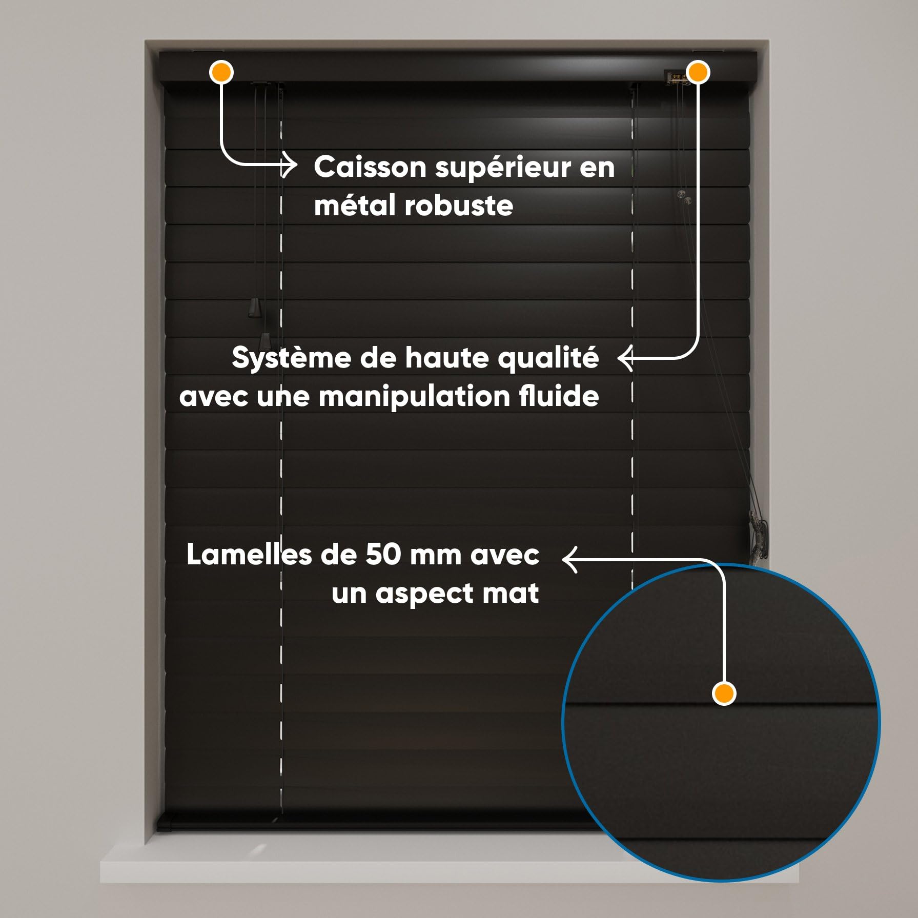 DTCH® Store vénitien en Aluminium, 70 x 180 cm, Noir Mat, Lamelles de 50 mm, Tailles de 60 à 240 de Largeur, sans perçage Possible