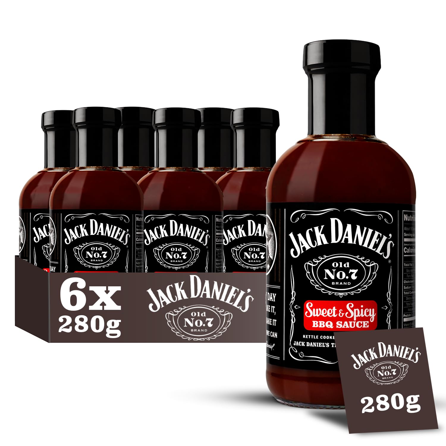 Jack Daniel's Sweet & Spicy BBQ Sauce, Gluten Free, Delicious Marinade, Barbecue Dipping No Preservatives, 6 x 280g Sauce Bottle (Small Version)