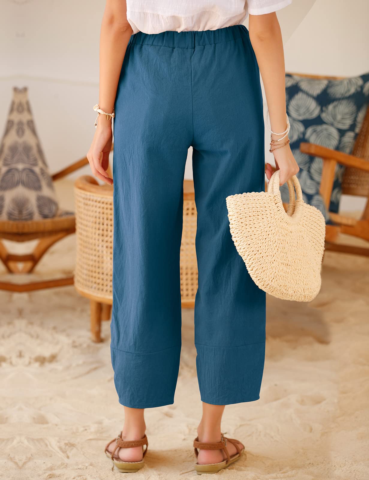 Yuson Girl Pantaloni Donna Pantaloni Estivi Donna Leggeri Pantaloni Larghi Lino Vita Alta Pantalone con Tasche Pantaloni di Svago Panno di Lino da con Fascia Elastica
