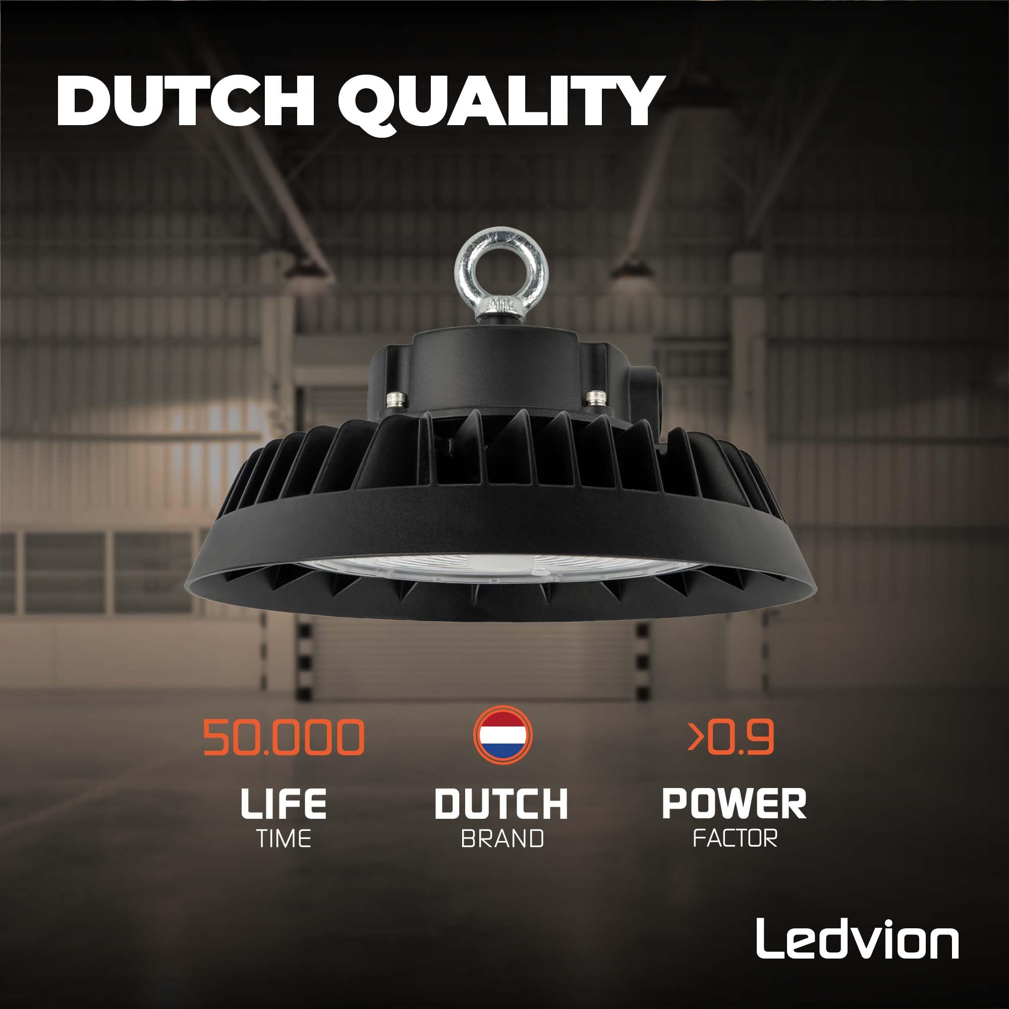Ledvion - LED Lámpara de Alta Bahía, IP65, 150-130-110W, 185 lm/W, Driver, 4000K, Regulable, Campana LED UFO, Lámpara de Alta Bahía para Naves Industriales, Almacén, Taller, Garaje