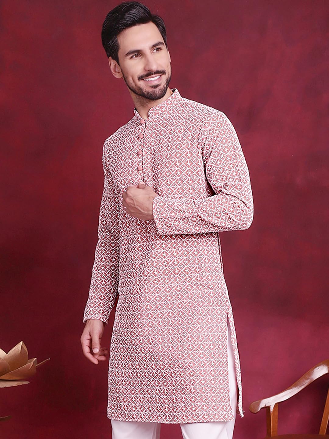Jompers Chikankari Embroidered Kurtas For Men (Coral, L)
