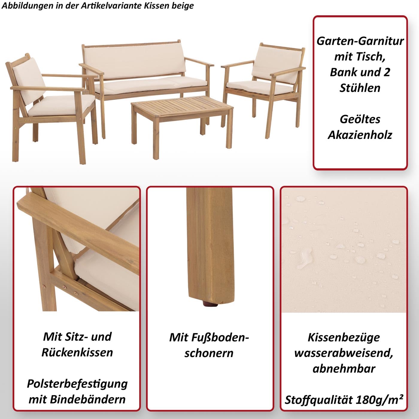 Mendler komplet mebli ogrodowych HWC-O19, zestaw wypoczynkowy siedzisk ławka fotel stół, drewno akacja FSC® tkanina/tekstyl (180g/m²) - poduszka beżowa