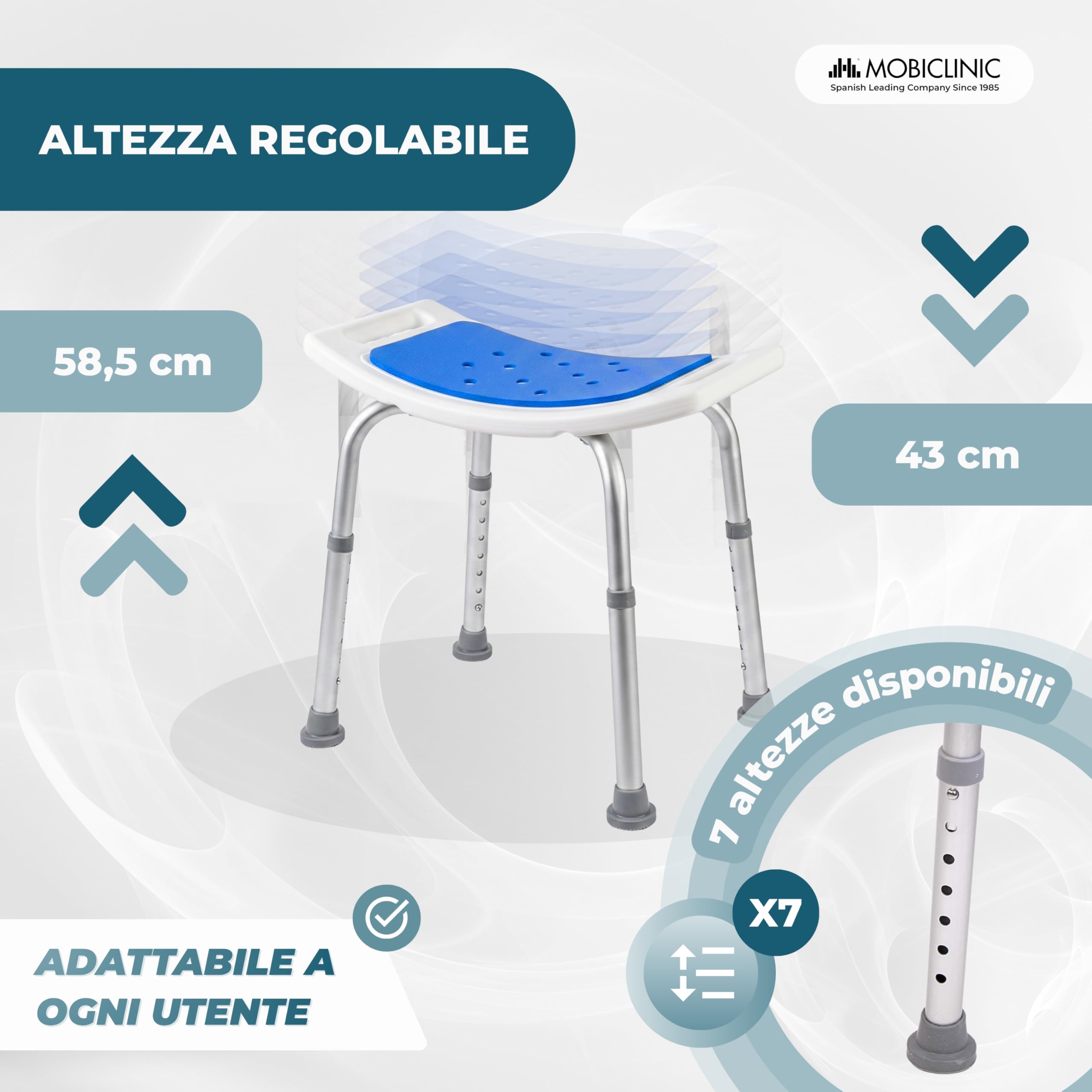 Mobiclinic®, Sgabello da Bagno, Altezza regolabile 42-57,5 cm, Seduta antiscivolo in EVA PAD, Leggero, Fori di Drenaggio, Puntali Antiscivolo, Design ergonomico curvo, Alluminio, Santana
