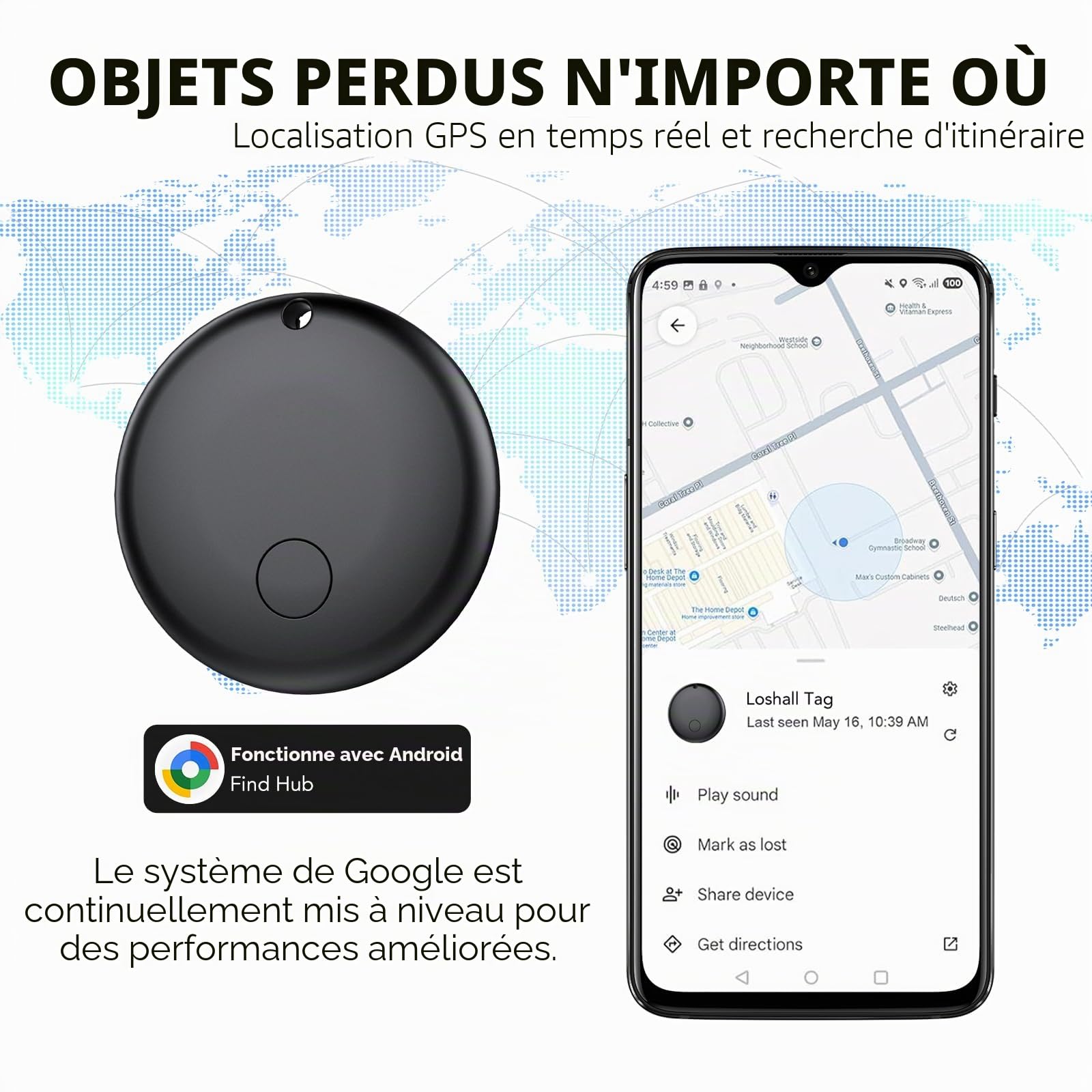 Tracker Tag Android Smart Tag, localisateur de clés compatible avec Google Mon appareil Finder APP (Android uniquement), recherche de clés Bluetooth pour bagages, sacs, valises, portefeuille (lot de 4