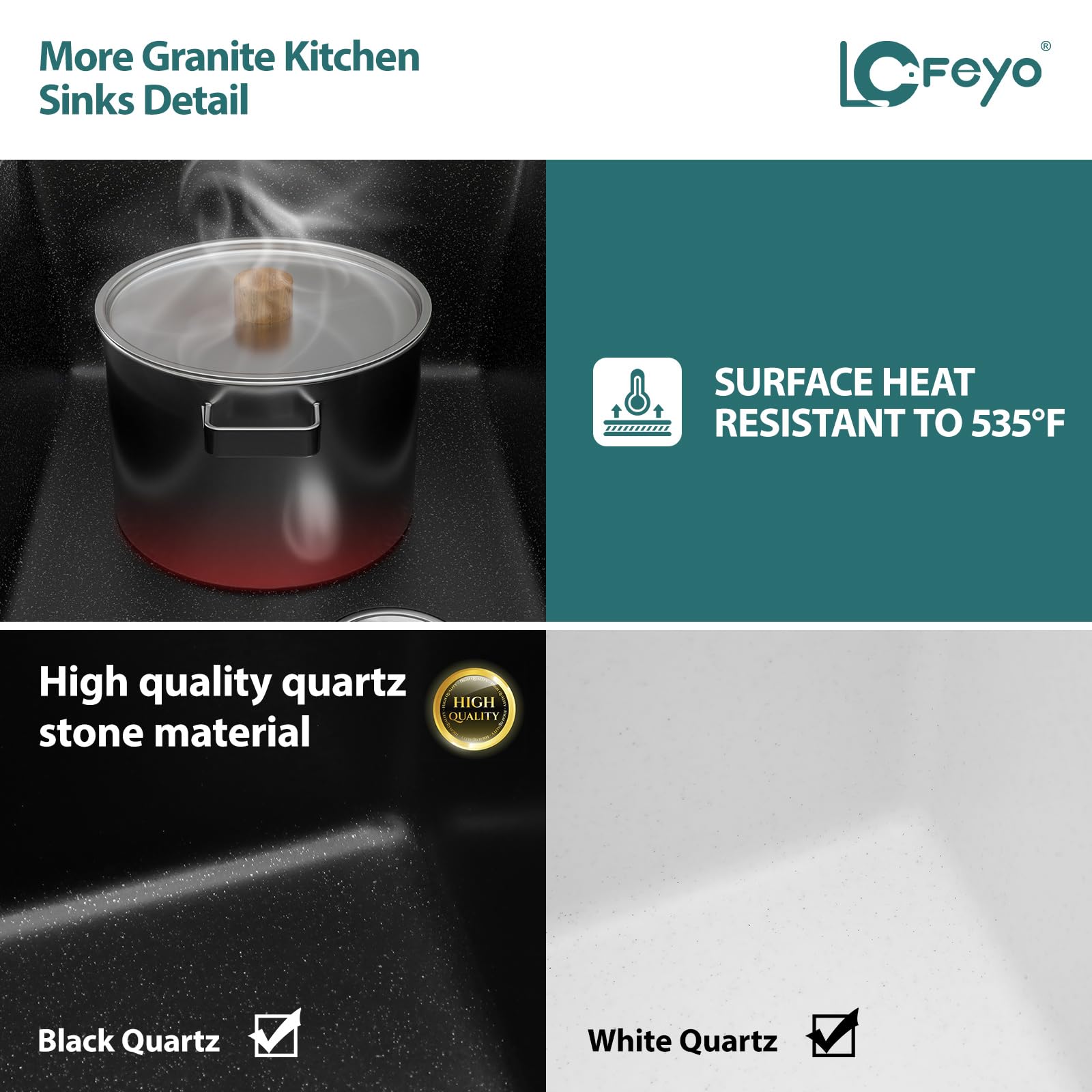 LOF-Q4542 - Fregadero de cocina negro de 18 x 16 pulgadas, fregadero de granito negro pequeño de granito de cuarzo moderno bajo encimera, fregadero de cocina de un solo cuenco, fregadero 6