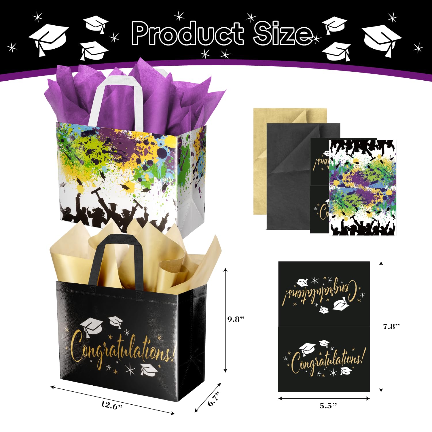 ysmile 2-Pack 2026 Graduation Gift Bags with Tissue Paper & Cards – Reusable Non-Woven Totes for Grad Congrats (12.6", White Colorful & Black Gold)