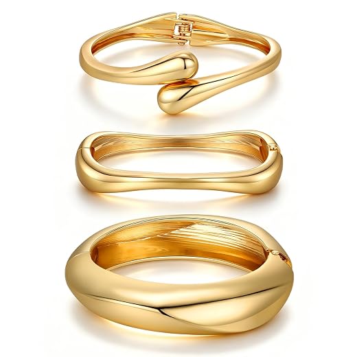 Chunky Gold Bangle Bracelets for Women Trendy 14K Gold Plated Cuff Bracelets Stack, Dainty Gold Bracelet Sets Non Tarnish Fashion Jewelry Gift