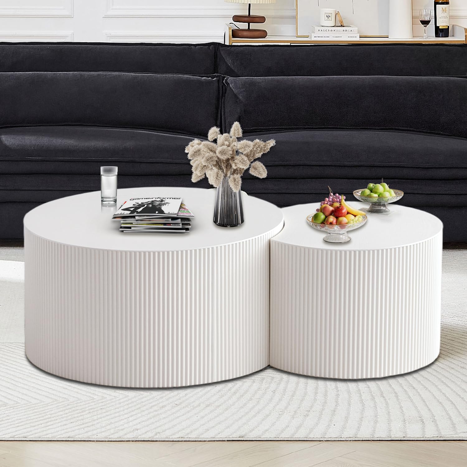 Round Nesting Coffee Table Modern Fluted Coffee Tables Set of 2 Wood Circle Drum Center Table Crescent Side Accent End Tables for Living Room No