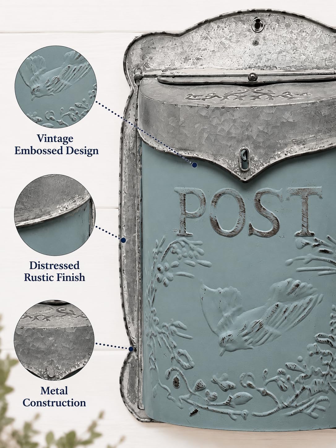 I Vintage Style Post Box I Nostalgic Charm Home Decor I Farmhouse Design I 15.9" Height x 11" Wide (Blue) image 4