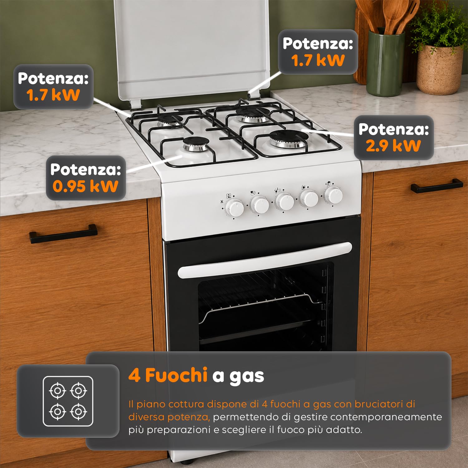 Cocina de gas de 50 x 50 cm con horno de gas de 49 litros y 4 fuegos de diferente potencia, cocina a gas libre instalación con válvulas de seguridad, tapa y parrillas esmaltadas (blanco)