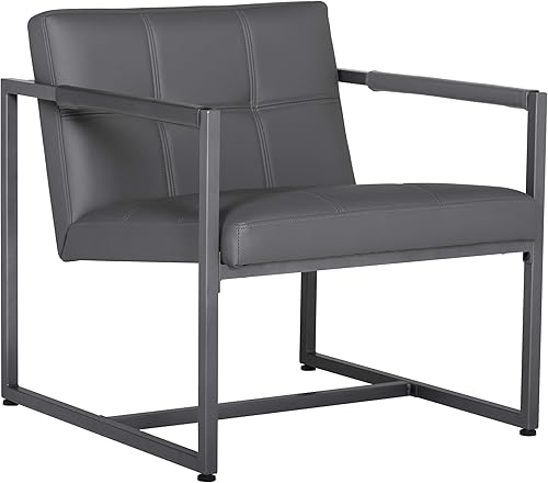 Studio Designs Home - Silla decorativa moderna Camber de mediados de siglo, marco de metal gris peltre y cuero adherido humo