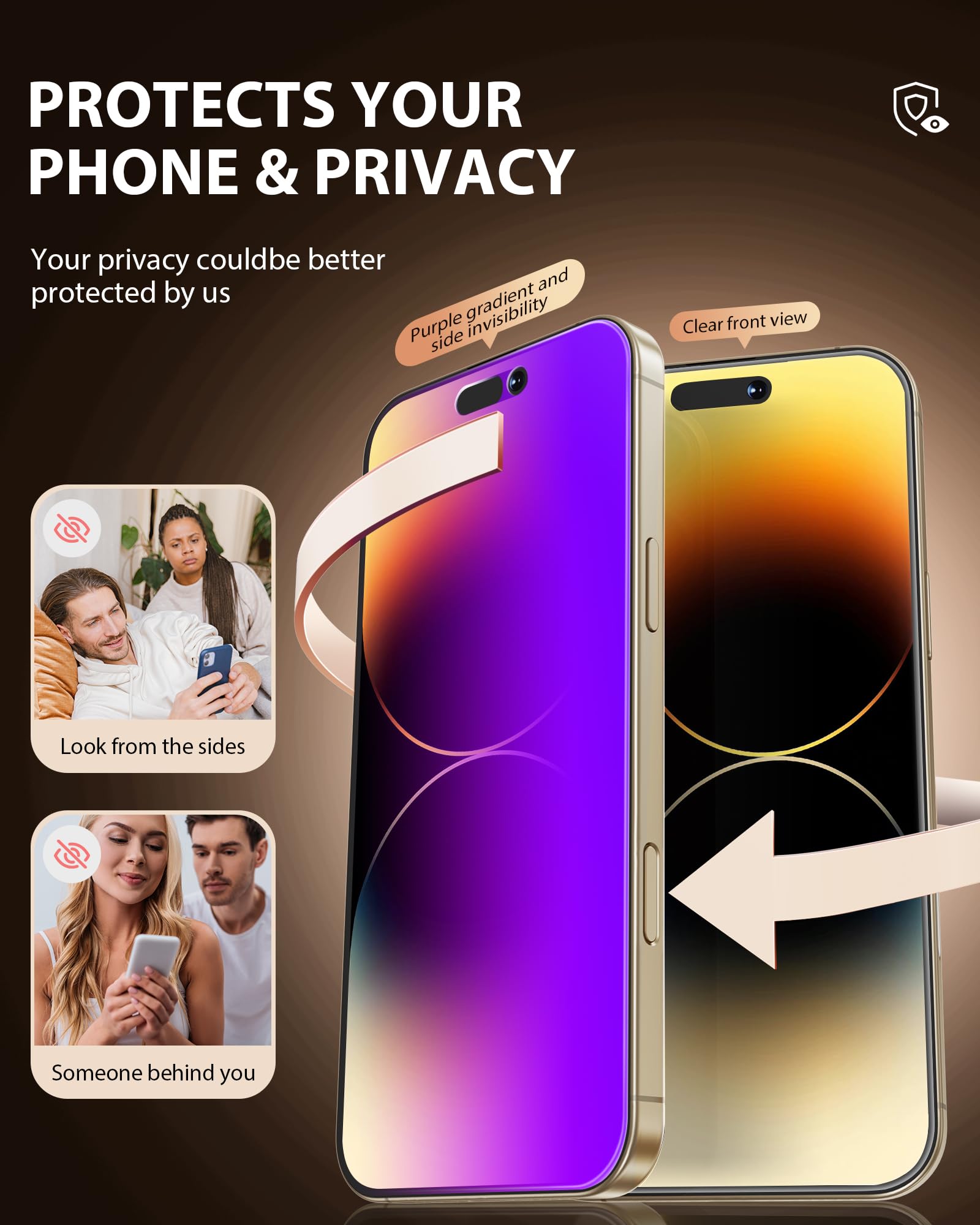 PDDKISS Kompatybilny z iPhone 14 Pro ochrona ekranu 16,1 cala, fioletowy gradient kolorowy antyszpiegowski anty-niebieskie światło HD ochraniacz ekranu szkło hartowane łatwa instalacja
