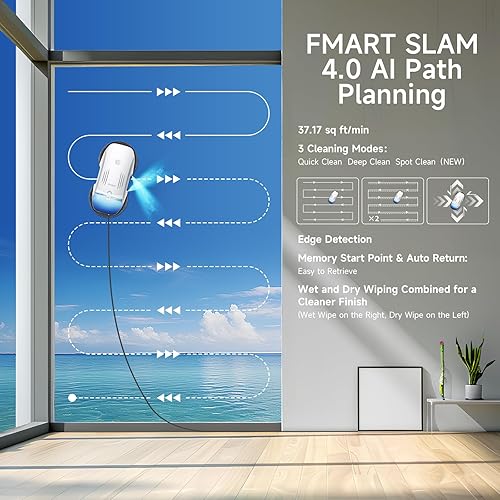 Miniatura 4 de FMART Robot de limpieza de ventanas T10PRO - Spray de doble bomba, tanque de 4.1 fl oz, succión de 3800 PA, planificación de rutas AI y detección de