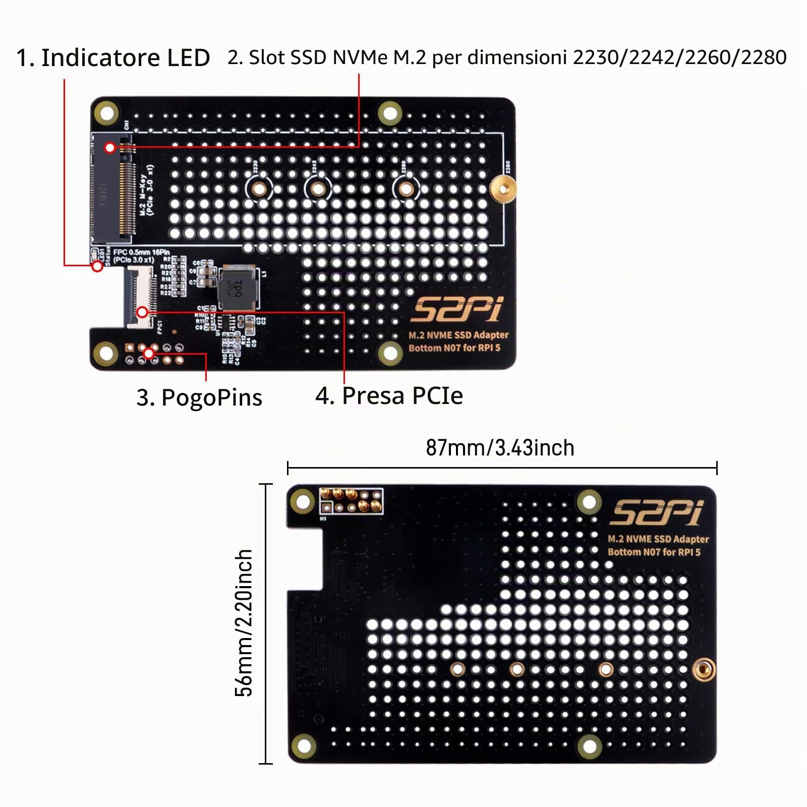 GeeekPi Alloggiamento in metallo con scheda periferica N07 M.2 NVMe SSD Pip PCIe per Raspberry Pi 5, supporto M.2 Key-M NVMe SSD 2230/2242/2260/2280