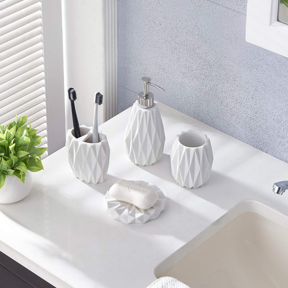 ZCCZ Badezimmer Set – 4-teiliges Organizer-Set mit Zahnbürstenhalter, Seifenspender, Schale, Becher für Kosmetik und Wattestäbchen – Hochwertiges Zubehör für Bad in Weiß