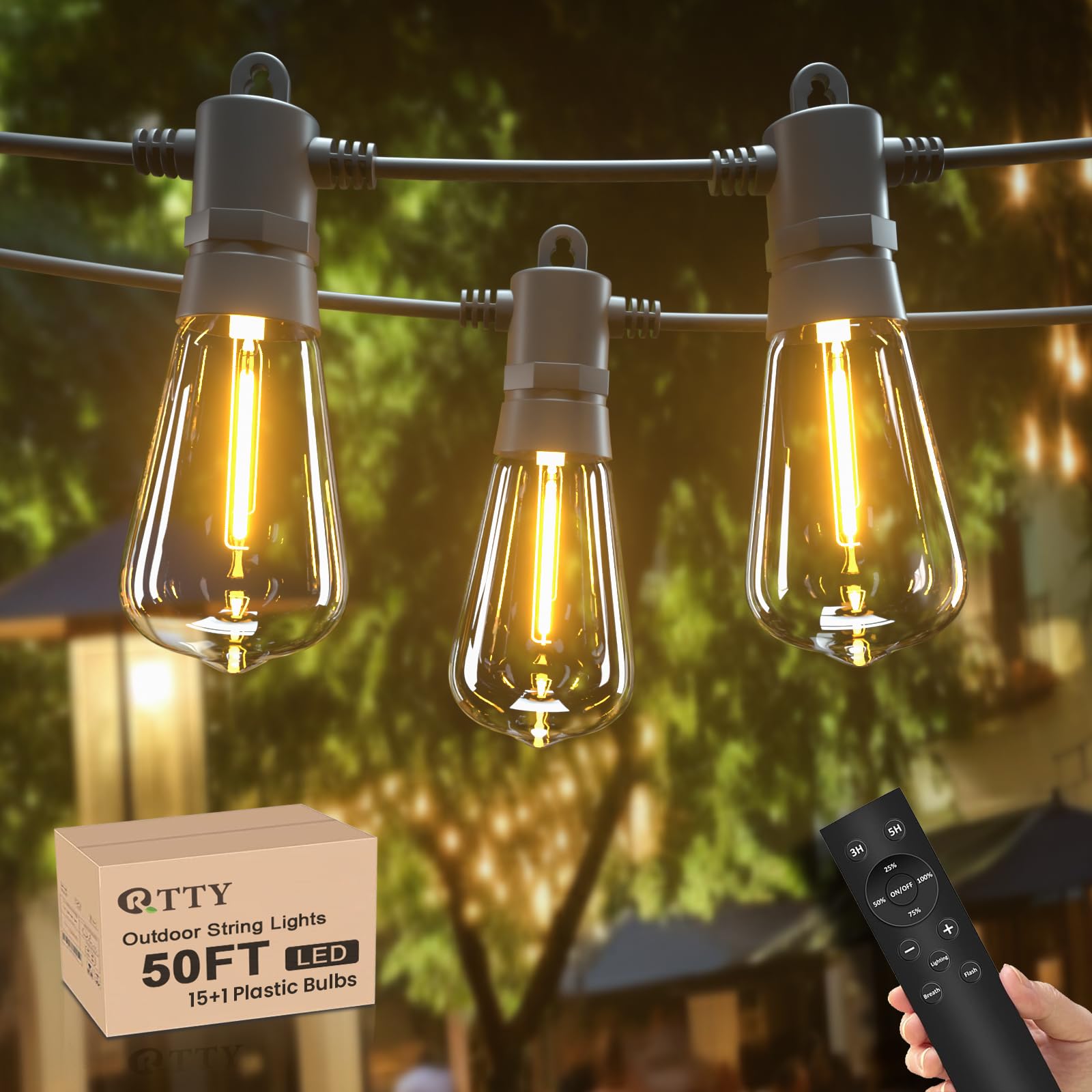 RTTY 50FT Outdoor String Lights Remote with 15pcs Vintage Shatterproof Bulbs,IP65 Weatherproof,Dimmable String Lights for Outside,Patio,Backyard