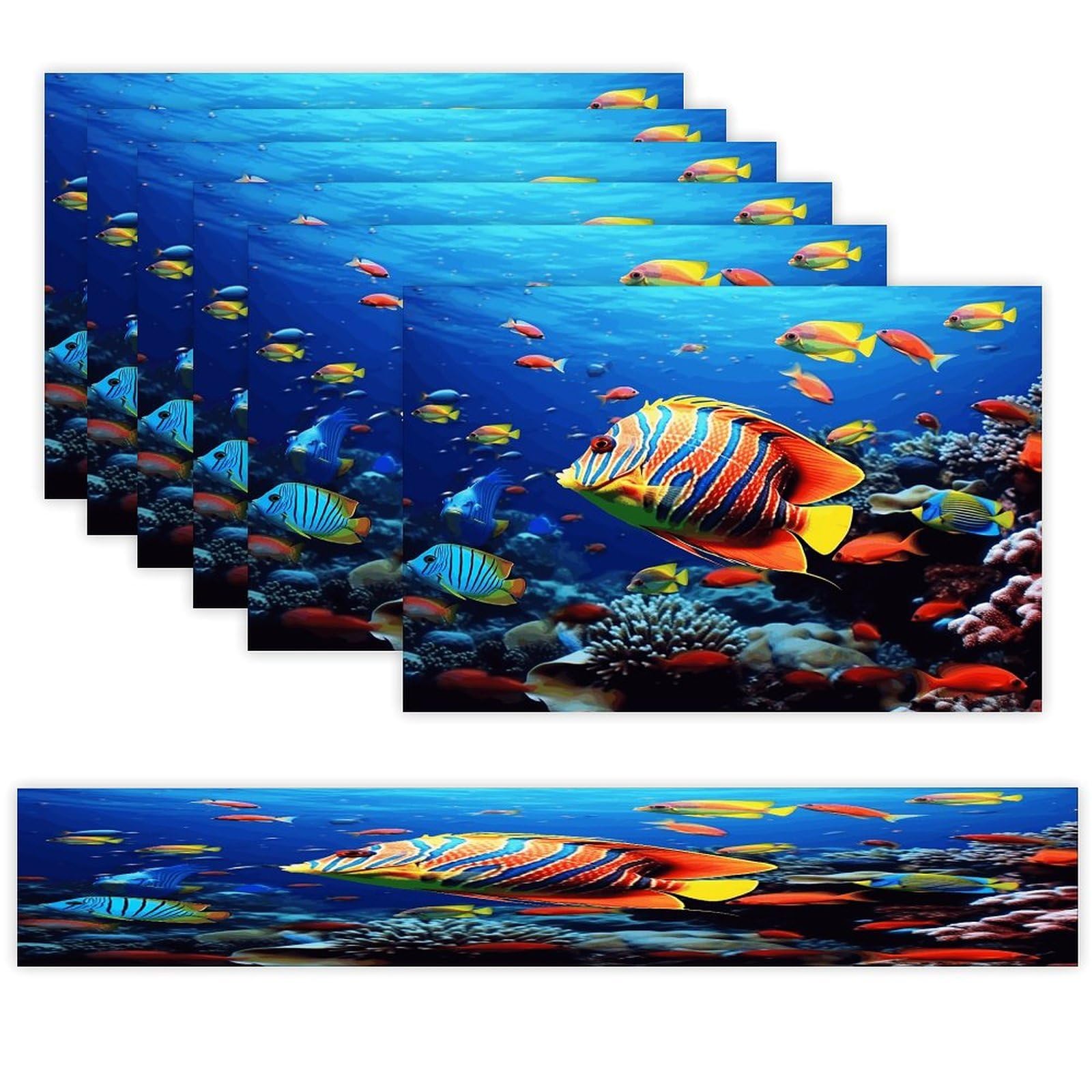 Sea Fishes Table Runner and Placemats Set of 6 for Kitchen Washable Table Mats Heat Resistant Place Mats Non-Slip Place Mat Wipeable Placemat(6 Placemats+1 Table Runner)