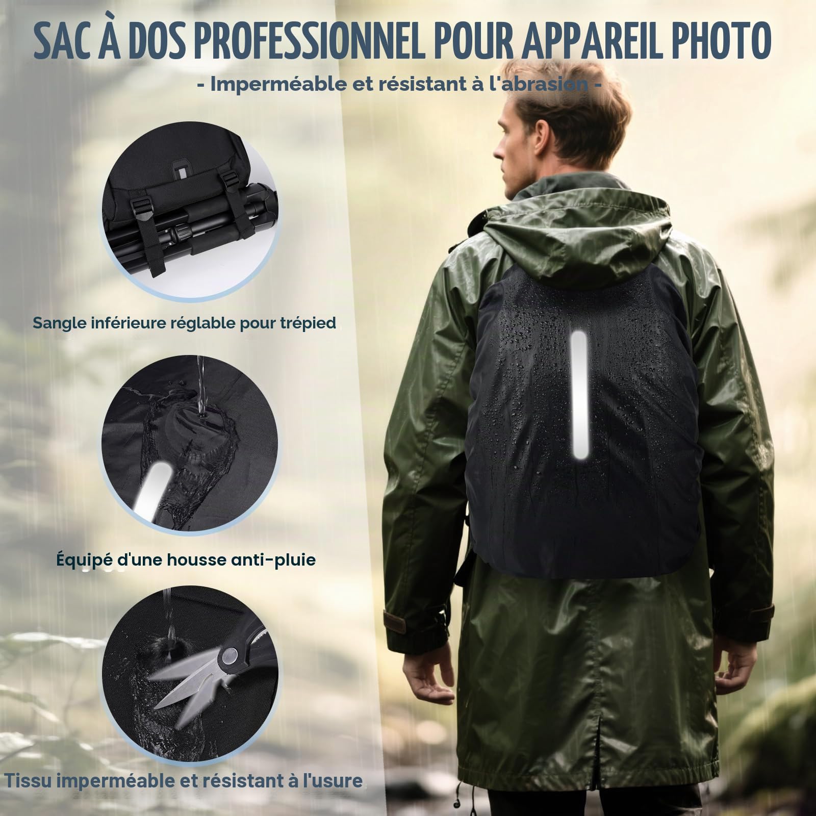 RAINSMORE Sac a Dos Photographe Sacoche Appareil Photo Professionnel Compartiment Ordinateur 14 Pouces Housse Pluie Sac Photo Reflex Numérique Compatible Canon Sony Noir