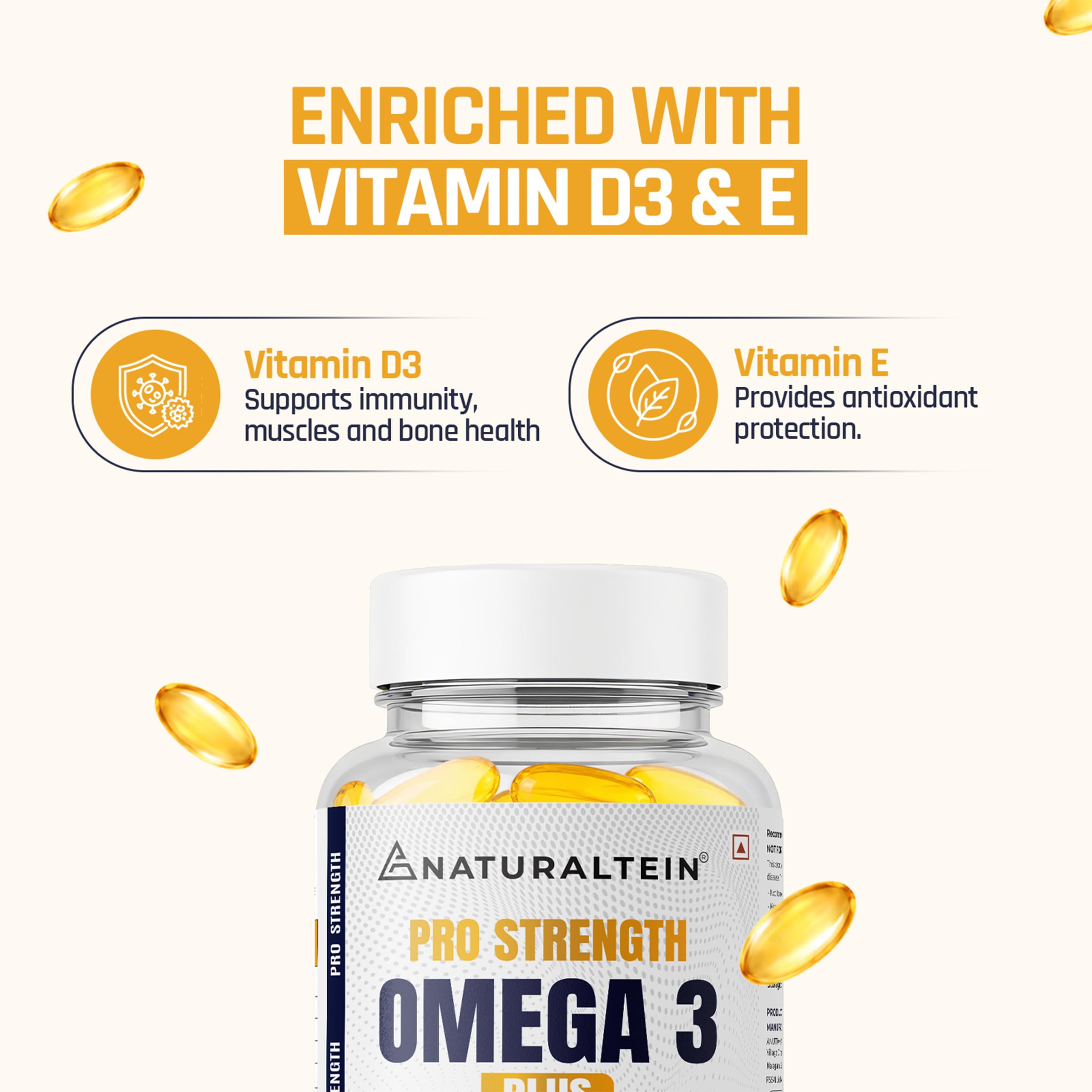 NATURALTEIN Pro Strength Omega 3 Plus Fish Oil 1000mg with EPA 180mg & DHA 120mg | Enriched with Vitamin D3 & Vitamin E | Supports Heart, Brain, Skin, Eye & Joint Health | Heavy Metal Tested | 60 Softgels — Amazon image 7