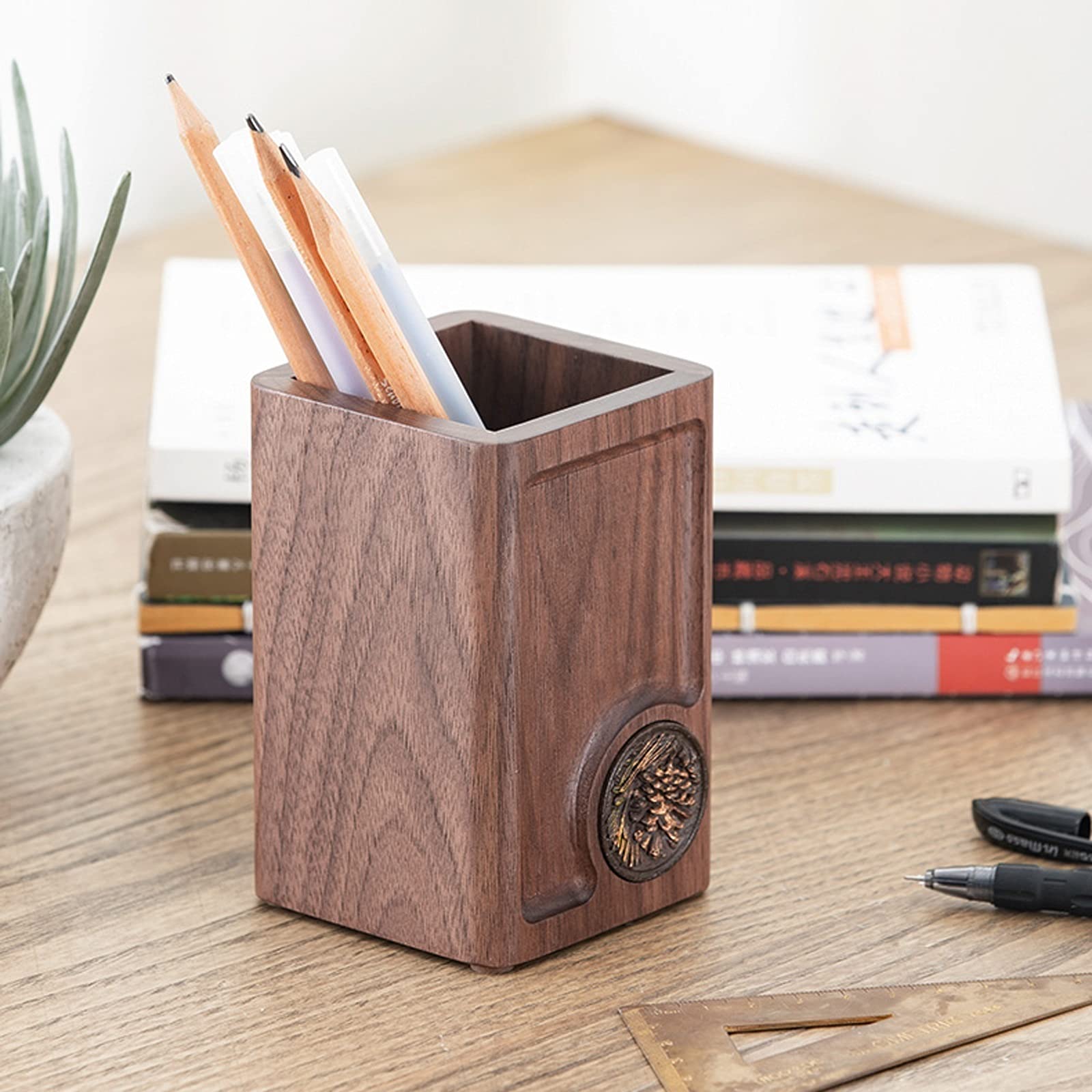 Bote para Pinceles Natural Wood Skin Holder Lápiz Organizador Lápiz Creativo Retro Sencillo Estudio Papeleria Oficina de Escritorio Lápices Titular (Nuez) contenedor para bolígrafos