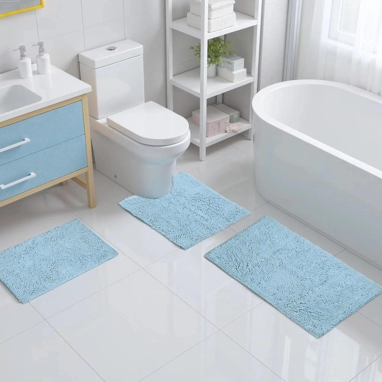 Juego de 3 alfombras de baño de microfibra de felpilla azul cielo, incluye tapetes grandes de 31 x 19 pulgadas, 19 x 19 pulgadas en forma de U y 15.5 x 23 pulgadas, antideslizantes, ultrasuaves y