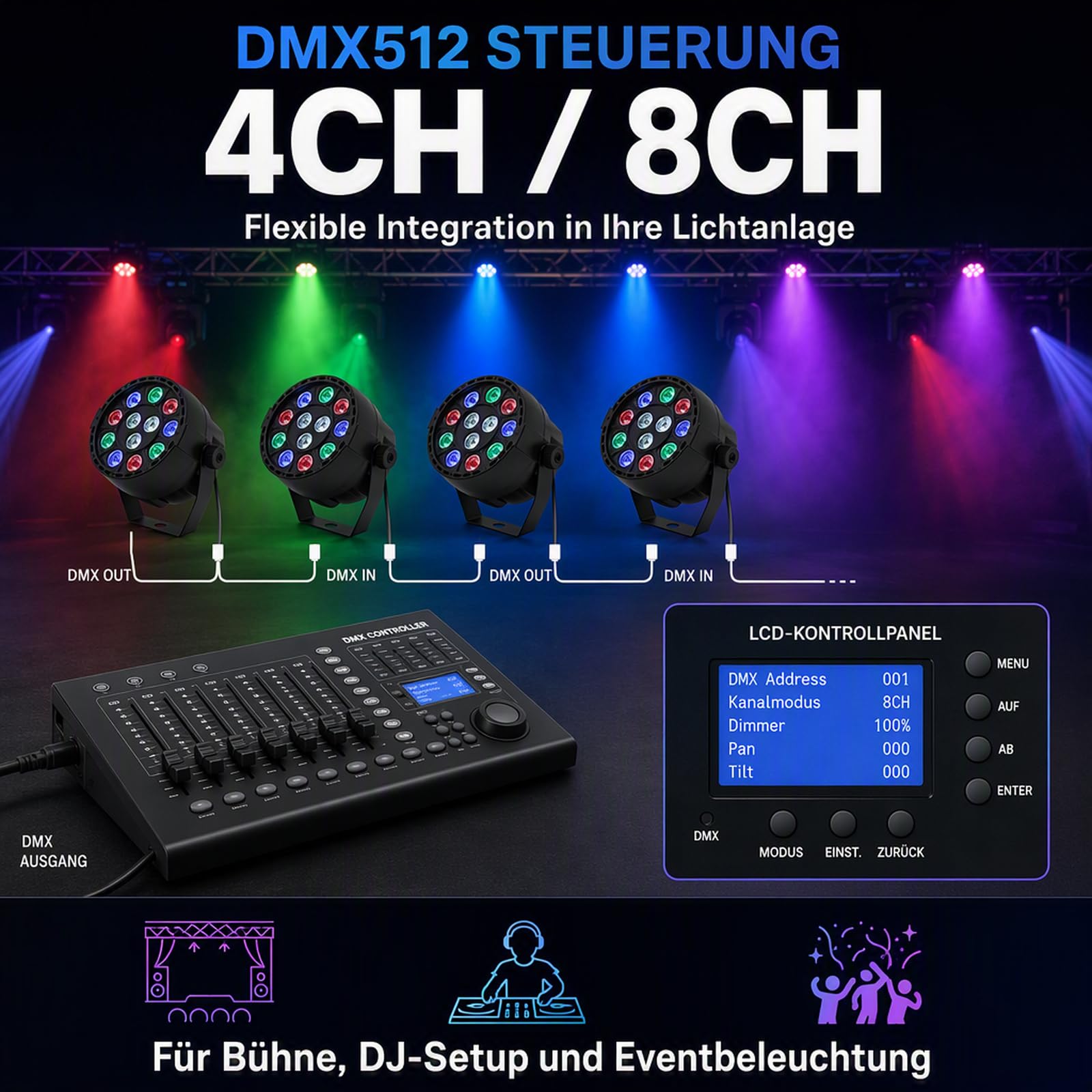 4er LED PAR Scheinwerfer RGBW, DMX512, 12 LEDs, 4/8CH, Partylicht