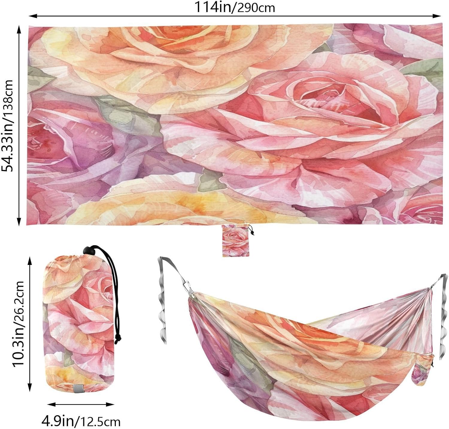 ALAZA Rose Flower Watercolor Camping Hammocks Single or 2 Person 500 lbs Portable Parachute Travel Hammock w/Tree Straps for Hiking Backpacking Indoor Outdoor