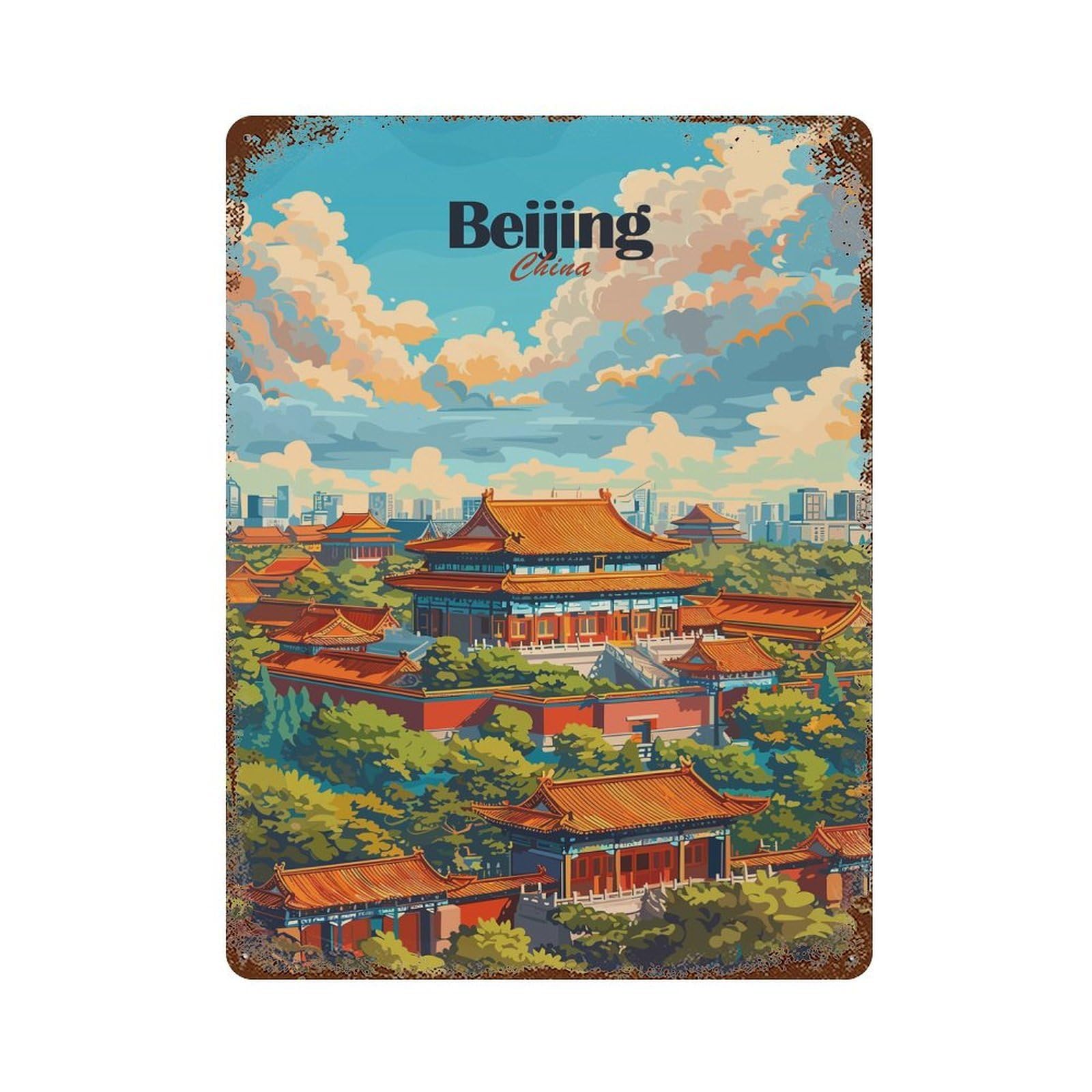 Beijing Cityscape Rust Effect Tin Sign 15.7"x11.8", Industrial Home Decor for Bistro, Counter And Cafe Decor