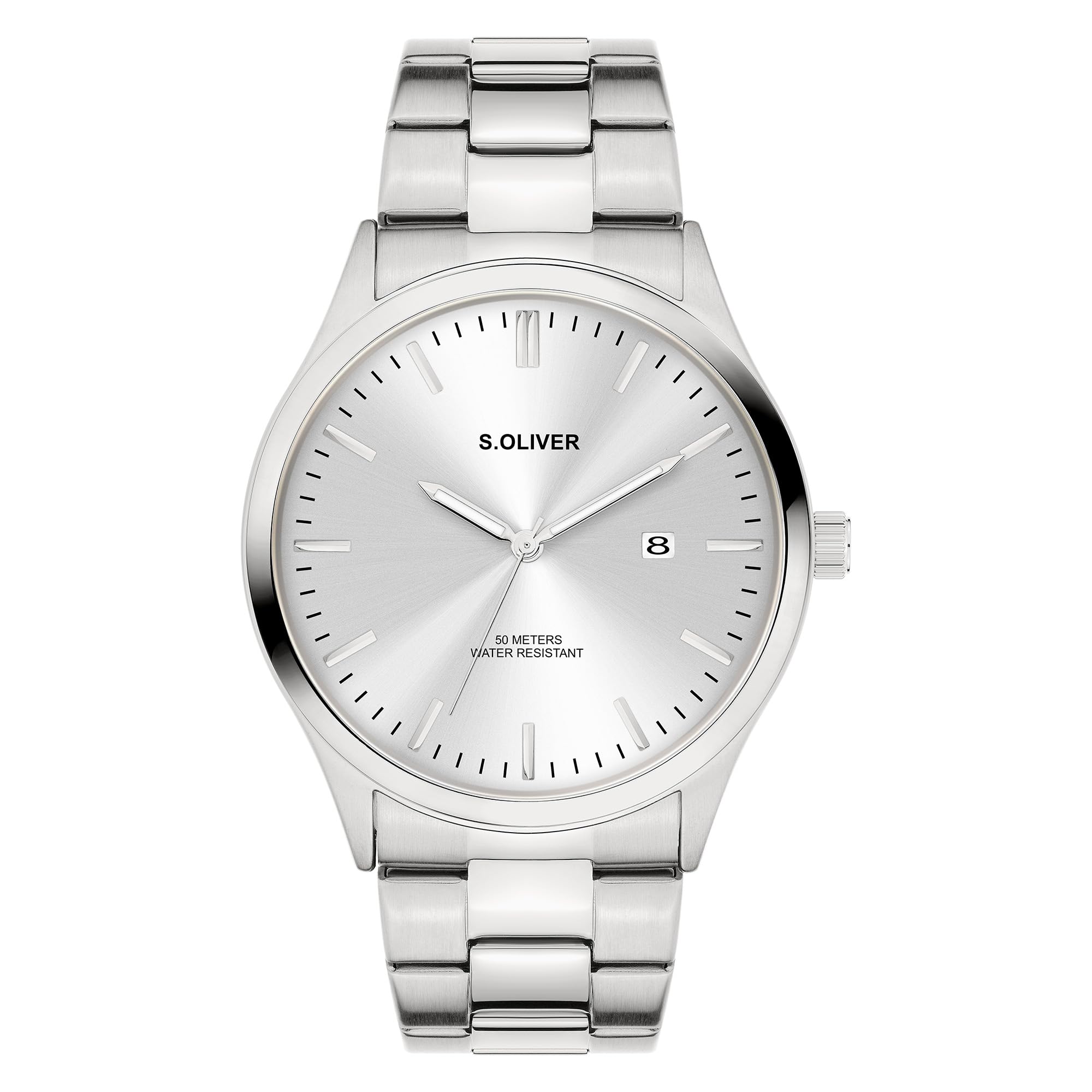 s.Oliver Men's Watch, Round, Silver, 42 mm, Metal Watch with Quartz Movement on Stainless Steel Strap with Folding Clasp, Analogue Watch, 5 ATM Waterproof, Scratch-Resistant