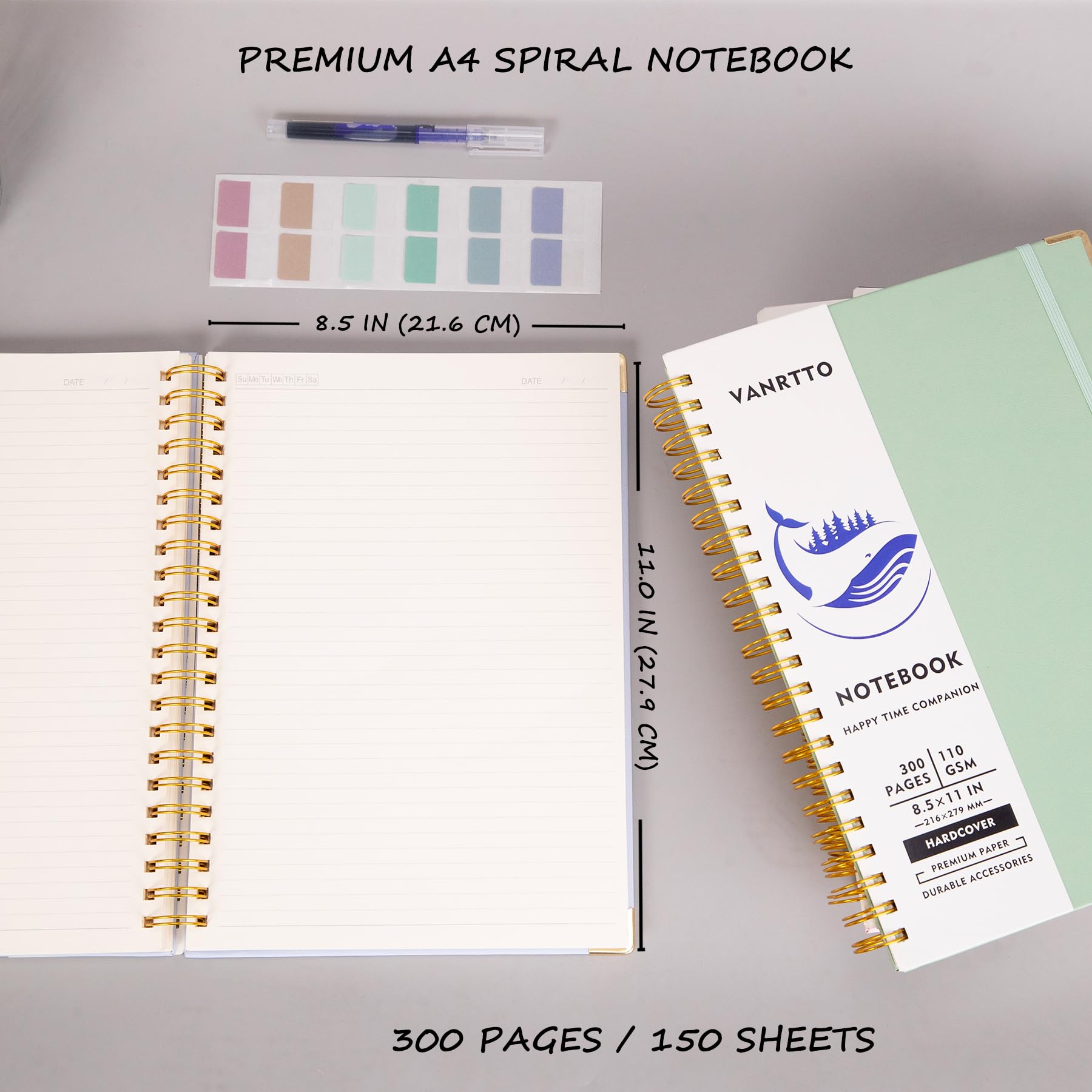 VANRTTO Carnet à spirale, couverture rigide de 21,6 x 27,9 cm, 300 pages pour le travail et l'école, papier épais de 110 g/m² pour écrire, fournitures de bureau pour homme et femme, rose