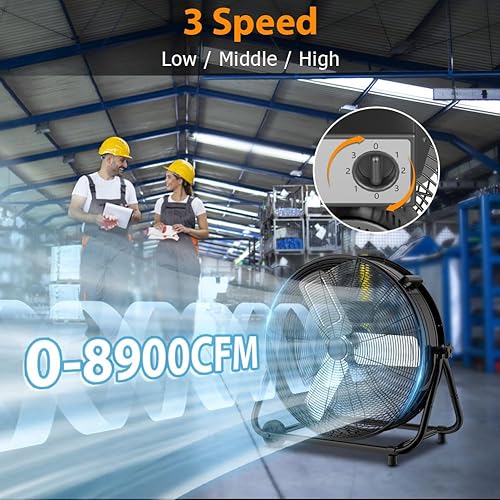 Miniatura 9 de LifePlus Ventilador de tambor industrial de 24 pulgadas, ventilador de piso de alta velocidad, circulador de aire de metal resistente de 3