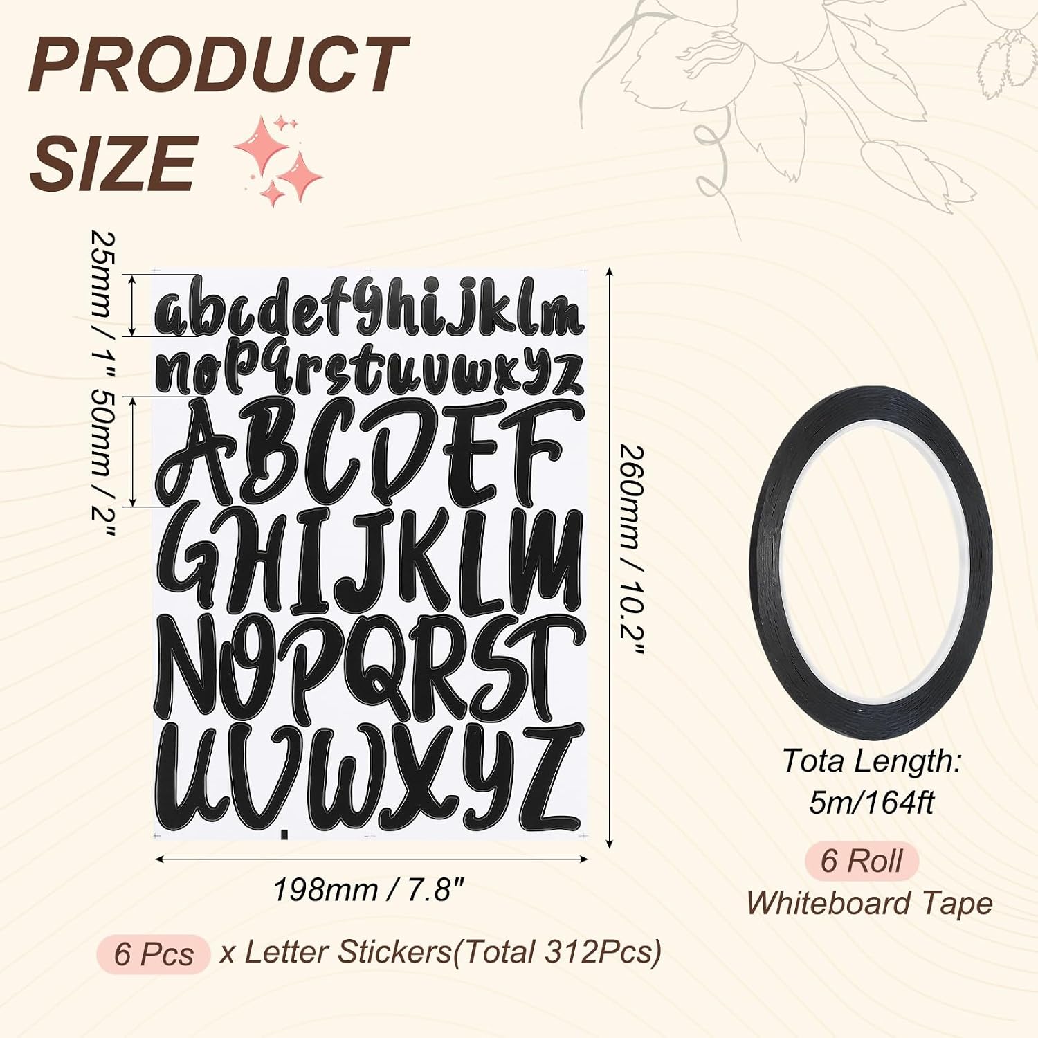 PATIKIL 312Pcs 2+1" Black Letter Stickers with 6 Roll 1/8" 164ft Whiteboard Tape, Self Adhesive Waterproof Alphabet Stickers Pinstripe Tape for Mailbox Scrapbook Sign, Style1, Black