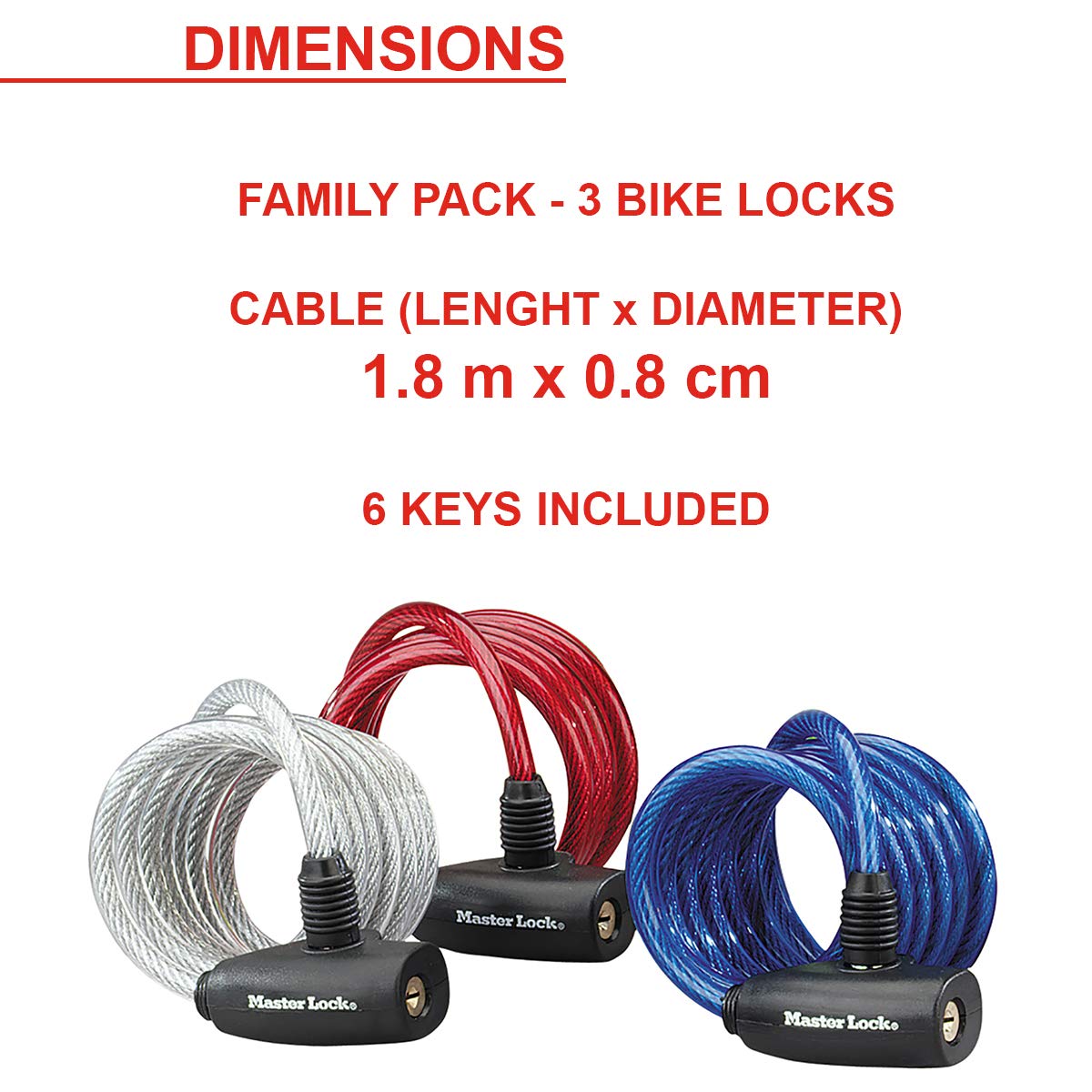 Master Lock 8127EURTRI Lucchetto Bici, Chiave, 1.8 m Cavo, Esterno, Set di 3, Pack Famiglia, Ottimo per Proteggere Bicicletta, Skateboard, Passeggino, Falciatore, Attrezzature Sportive