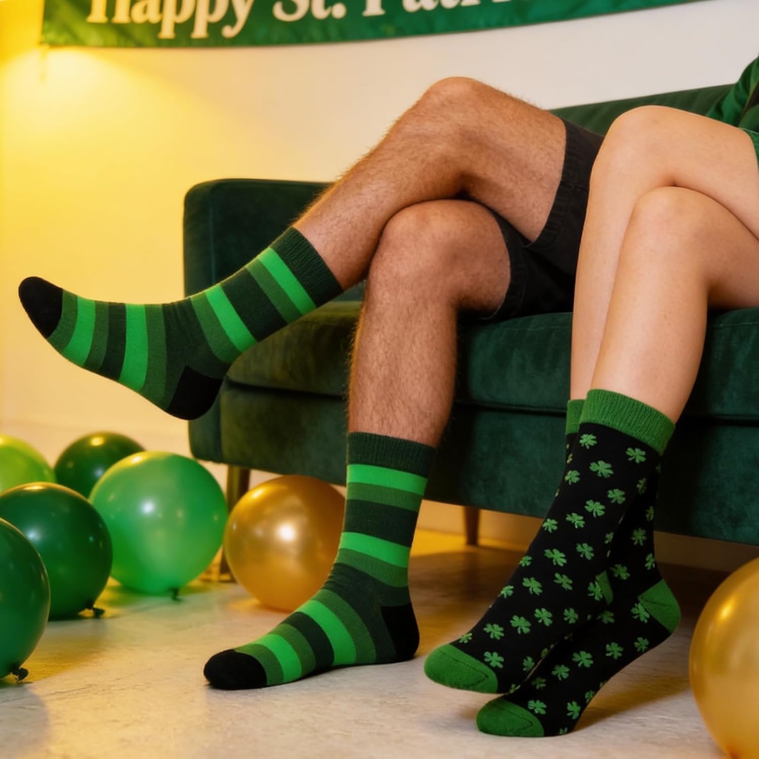 St. Patrick’s Day Socks for Men and Women 2 Pairs Green Shamrock Crew Dress Socks Black and Green Stripe Irish Novelty Socks Comfortable Holiday Gift Set - Image 2