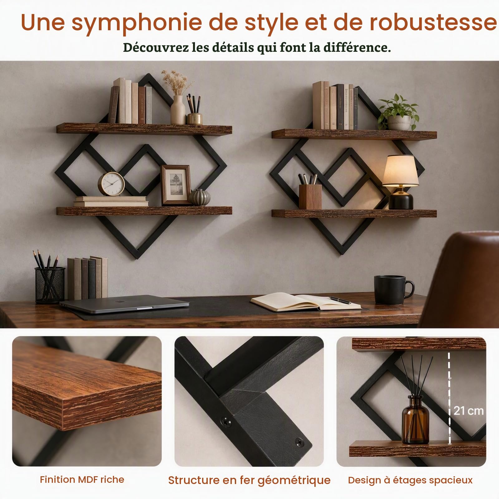 Étagère Murale Flottante, Rangement Suspendu 2 Niveaux, Lot de 2