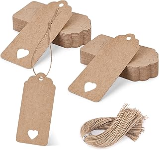SallyFashion 80PCS Gift Tags with String Attached, 3.5 x 1.5 Inches Brown Heart Tags for Party Favors Baby Shower Wedding Crafts Decoration