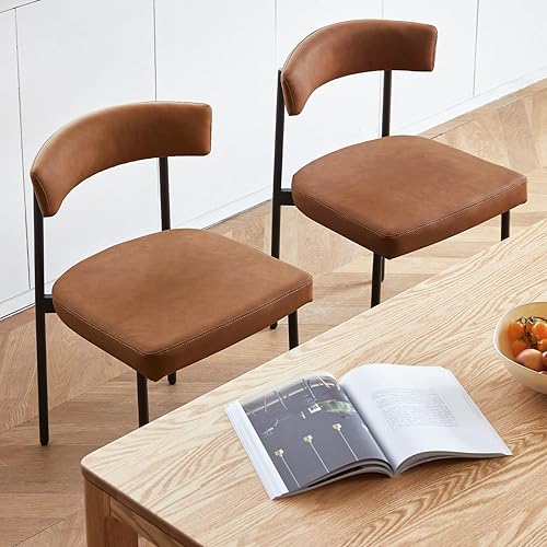 Miniatura 4 de Juego de 2 sillas de comedor de piel sintética marrón, silla de cocina tapizada sin brazos, moderna silla de comedor con respaldo curvado
