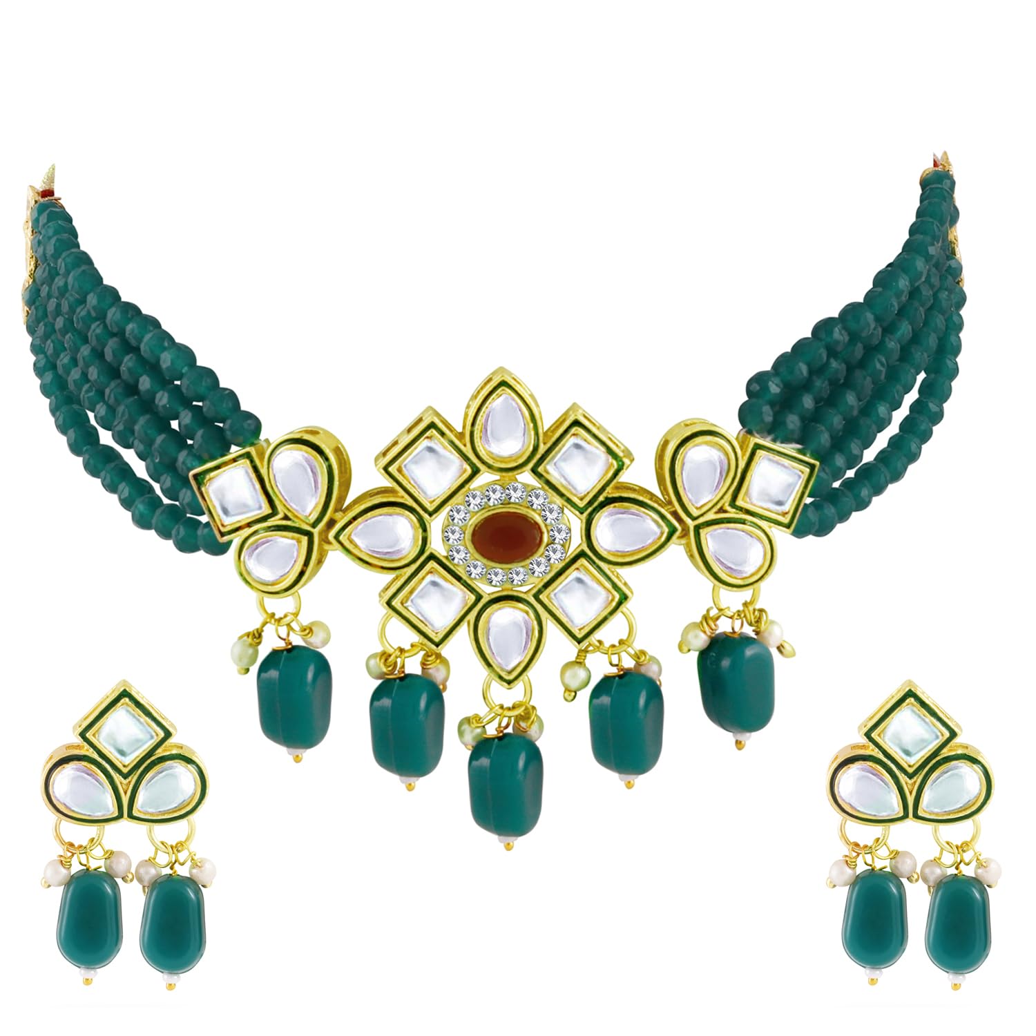 Okos Traditional Jewellery Gold Plated Multistrand Choker Style Necklace Set Studded With Green Kundan Stones For Girls and Women NL1000598GRN (B0CNYWLNND) Amazon Price History, Amazon Price Tracker