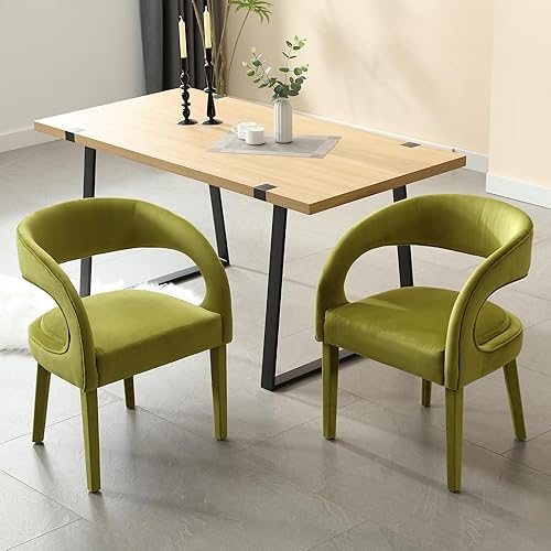Miniatura 7 de Modern Barrel - Juego de 2 sillas de comedor tapizadas de terciopelo verde, sillas de comedor con respaldo abierto, sillas auxiliares con patas de