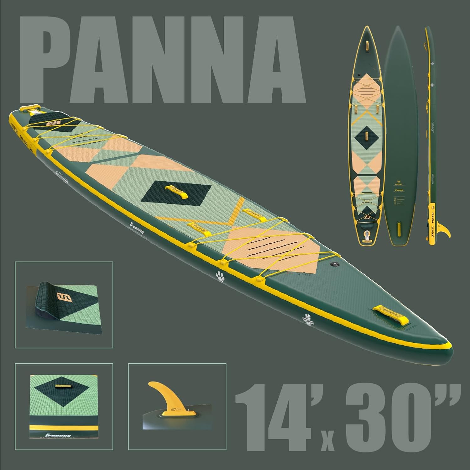 FREESUN Panna 14’ x 30” Inflatable Stand Up Paddle Board, Elite Touring & Expedition iSUP with Tool-Free Quick-Install Fin, Glue-Free Heat-Fusion Tech, Fast Glide 14ft Speed Board