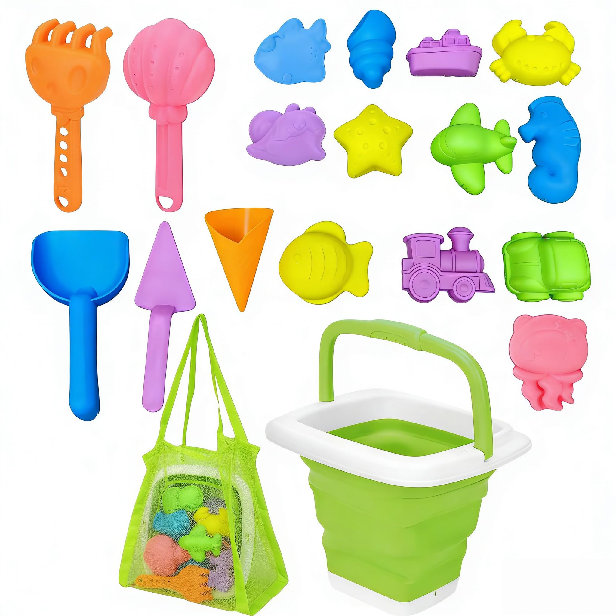 Juego de juguetes de arena 19 piezas, juguetes para la playa para niños - cubo plegable con pala de arena | Juguete de caja de arena con bolsa de malla para playa, viaje,regalo a partir de 3 (azul) — view 10